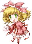  blonde_hair bow chibi full_body green_eyes hair_bow hina_ichigo mtyy pink_bow ribbon rozen_maiden short_hair smile solo transparent_background 