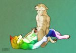  abanob abs anal anal_penetration animal_genitalia balls biceps brown_eyes canine canine_penis color cowgirl_position duo erection eyes_closed fur gay handjob knot malamute male mammal masturbation muscles nude on_top open_mouth pecs penetration penis rainbow rainbow_fur sex sheath straddling tattoo wolf 