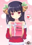  bare_shoulders bell black_hair christmas fumika_(moeshin) gift gokou_ruri heart holding holding_gift incoming_gift long_hair mole mole_under_eye ore_no_imouto_ga_konna_ni_kawaii_wake_ga_nai red_eyes solo spoken_heart 