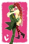  1girl bad_id bad_pixiv_id boots couple dandruff dress eye_contact fatalizer flaky flippy green_hair green_shirt happy_tree_friends height_difference hetero highres holding hug looking_at_another military military_uniform personification red_hair shirt striped striped_legwear sweater sweater_dress thighhighs uniform 