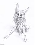  big_ears canine clothed clothing coonkun cub female fennec fox greyscale hair ink long_hair mammal monochrome pencils sitting sketch solo torn_clothing vixen young 