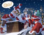  3girls bare_shoulders belt blonde_hair boots breasts christmas cosmic_break destruct_girl destructor_girl elbow_gloves eyes_closed gloves green_hair grey_hair hat large_breasts leaning_forward mecha_jetter_girl mecha_musume multiple_girls open_mouth ponytail santa_costume short_hair smile thighhighs zero_saber_girl 