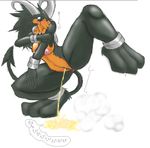  anus big_breasts big_feet blush bracelet breasts camiod crouching female gray_fur holding_arm horns houndoom japanese_text jewelry nude on_one_leg peeing pussy solo spade_tail tail watersports white_background 