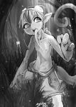  1boy absurdres greyscale highres long_tongue male_focus menyang monochrome monster_boy nature open_mouth original outdoors ringed_eyes shirtless signature solo tail tongue 