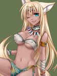  :p animal_ears armlet bangs blonde_hair blue_eyes breasts commentary_request covered_nipples dark_skin eyebrows_visible_through_hair fox_ears fox_tail green_background headpiece konshin large_breasts long_hair looking_at_viewer navel one_eye_closed original pelvic_curtain simple_background smile solo tail tongue tongue_out tooth_necklace underwear very_long_hair 