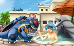  aonik armaldo beach_umbrella blue_eyes blue_hair building claydol drink eyewear glass hair house human lileep male mammal metagross nintendo phone pok&#233;mon pok&eacute;mon pool ring short_hair skarmory steven_(pokemon) sunglasses telephone tree umbrella video_games waiter water wood 