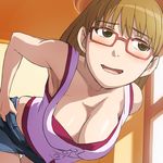  armpits bare_shoulders blush breasts brown_eyes brown_hair cleavage glasses haruyama_kazunori large_breasts lavender_panties leaning_forward lowres panties panty_peek pantyshot pantyshot_(standing) red-framed_eyewear solo soredemo_machi_wa_mawatteiru standing tatsuno_toshiko underwear undressing 