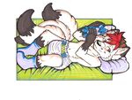  bed brown_eyes canine diaper familliar fox hair infantilism lying male mammal multi-tails multiple_tails plushie short_hair smile socks solo 