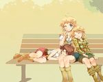  awakened_miki bench boots brown_hair green_eyes hoshii_miki idolmaster idolmaster_(classic) idolmaster_2 long_hair multiple_girls multiple_persona one_eye_closed short_hair sleeping time_paradox yugusa_yuube 