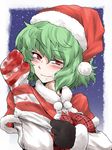  adjusting_clothes adjusting_gloves blood blush breasts capelet christmas face gloves green_hair hat kazami_yuuka medium_breasts mittens naui_kudan plaid red_capelet red_eyes santa_costume santa_hat short_hair smile snow solo touhou upper_body winter winter_clothes 