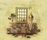  bare_shoulders barefoot basket brick_wall brown_hair cat chair closed_eyes dress flower flower_on_head flower_pot original pink_dress plant potted_plant sebascha shelf short_dress short_hair sitting smile solo strapless strapless_dress stucco watering_can window 