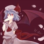  ascot bad_id bad_pixiv_id bat_wings colored_eyelashes eyelashes finger_to_mouth hat hat_ribbon lavender_hair petals raicy red_eyes remilia_scarlet ribbon short_hair signature simple_background solo touhou wings wrist_cuffs 