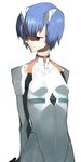  arms_behind_back artist_request ayanami_rei bangs blue_hair bodysuit cowboy_shot flat_chest hair_ornament half-closed_eyes highres looking_to_the_side neon_genesis_evangelion number pale_skin pilot_suit plugsuit red_eyes short_hair simple_background skinny solo turtleneck white_background 