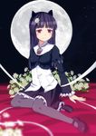  animal_ears black_hair cat_ears dinyc dress flower full_moon gokou_ruri gothic_lolita hairband highres lolita_fashion long_hair moon ore_no_imouto_ga_konna_ni_kawaii_wake_ga_nai pantyhose pink_eyes red_eyes red_flower red_rose rose sitting solo yokozuwari 