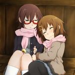  arm_hug black_legwear blush brown_hair casual closed_eyes glasses hair_ornament hairclip hirasawa_yui k-on! kagiana kneehighs manabe_nodoka multiple_girls pantyhose red-framed_eyewear scarf semi-rimless_eyewear shared_scarf short_hair sitting sleeping smile socks under-rim_eyewear white_legwear 