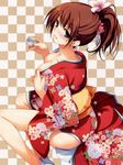  absurdres alcohol bare_legs blue_eyes blush breasts brown_hair cleavage copyright_request cup flower hair_flower hair_ornament highres japanese_clothes kimono large_breasts obi sakazuki sake sash short_ponytail sitting smile solo tomose_shunsaku undressing 