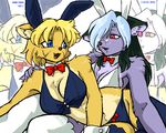  al animal_ears anthro aria blowup_background blush breasts bunny_costume canine cat cleavage clothed clothing dog duo eye_contact eyewear feline female glasses looking_at_each_other mammal playboy_bunny rabbit_ears ryou skimpy 