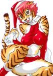  blush breasts feline female hat kemosuke nipples open_mouth panties pink_hair santa_hat sitting skimpy skirt solo tiger underwear xmas 