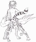  anthro breasts dreaddenimpirate duo ear_piercing earring feline female from_behind male mammal nude piercing plain_background raised_tail sex sketch straight tail tail_grab tiger white_background wings 