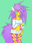  equine female green_eyes hair horn horns long_hair mammal neon purple_hair short_hair shorts solo stripes tomhoshino unicorn yellow yellow_body 