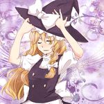  adjusting_clothes adjusting_hat arms_up bad_id bad_pixiv_id blonde_hair buttons hair_ribbon hat kirisame_marisa light_smile long_hair one_eye_closed ribbon solo touhou witch_hat yamano_sachi_(rollie) yellow_eyes 