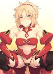  :&lt; bandeau bangs bare_shoulders black_legwear black_panties blonde_hair braid breasts detached_collar detached_sleeves fate/apocrypha fate/grand_order fate_(series) gradient gradient_background green_eyes half-closed_eyes hiroya_juuren long_hair medium_breasts mordred_(fate) mordred_(fate)_(all) o-ring o-ring_bottom o-ring_panties panties parted_bangs partially_visible_vulva red_footwear revealing_clothes solo squatting string_panties thighhighs underwear yellow_background 