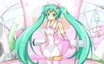  dress elbow_gloves gloves green_eyes green_hair hat hatsune_miku intravenous_drip karamoneeze koiiro_byoutou_(vocaloid) large_syringe long_hair nurse oversized_object skirt smile solo spring_onion syringe thighhighs twintails very_long_hair vocaloid 