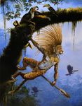  armor aztec damalia feather feline gold jaguar jungle leopard male mayan polearm rainforest spear spots toucan tree warrior weapon 