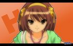  bad_id bad_pixiv_id brown_hair hair_ribbon hairband letterboxed maikashina orange_background orange_hairband pixiv ribbon short_hair solo suzumiya_haruhi suzumiya_haruhi_no_shoushitsu suzumiya_haruhi_no_yuuutsu 