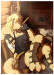  belt black_nose blacksmith blonde_hair breasts canine chair cleavage clothed clothing collar dog female green_eyes hair hindpaw kubikitsune kubikitsune_(artist) looking_at_viewer mammal paws sitting solo 