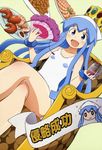  absurdres blue_eyes blue_hair crossed_legs crown cupping_glass drink dutch_angle fan flat_chest food hat highres hiramaki_daisuke ikamusume lobster non-web_source nyantype official_art one-piece_swimsuit open_mouth scan shinryaku!_ikamusume shrimp sitting solo swimsuit tentacles throne white_swimsuit 