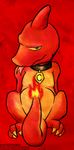  blue_eyes charmeleon collar covering covering_self fire male nintendo pok&#233;mon pok&eacute;mon red_theme scalie solo unknown_artist unknown_artist_signature video_games 