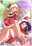  absurdres barefoot black_hair blonde_hair blue_eyes blurry bokeh christmas depth_of_field gokou_ruri hair_ornament hairclip hat highres kneeling kousaka_kirino legs long_hair looking_back mako_(pixiv) multiple_girls open_mouth ore_no_imouto_ga_konna_ni_kawaii_wake_ga_nai red_eyes santa_costume santa_hat sitting skirt skirt_around_one_leg 