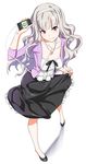  digital_media_player earphones hairband highres idolmaster idolmaster_(classic) ipod ipod_touch long_hair rato red_eyes shijou_takane silver_hair skirt skirt_lift solo 