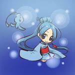  blue_eyes blue_hair blush_stickers bubble gen_4_pokemon hair_ornament hairpin hitec japanese_clothes jewelry kimono kneeling long_hair moemon necklace phione pokemon pokemon_(creature) pokemon_(game) pokemon_dppt ponytail smile 