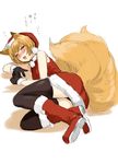  blonde_hair blush drunk hat santa_costume santa_hat short_hair solo thighhighs touhou translation_request tsurui yakumo_ran 