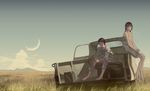  1girl bad_feet bad_id bad_pixiv_id black_hair bottle braid cloud commentary couple crescent_moon gas_can grass ground_vehicle hetero jerry_can moon motor_vehicle original plain shiira short_twintails sitting tire truck twintails 