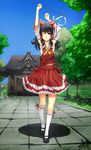  armpits arms_up ascot black_hair bow brown_eyes collarbone detached_sleeves gohei hair_bow hakurei_reimu kneehighs long_hair one_eye_closed radiostarkiller sarashi shadow shrine skirt solo touhou tree walking 