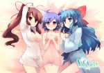  blue_eyes blue_hair bottomless breasts brown_hair character_request cleavage hands_on_own_chest hayase_miyuki long_hair lying medium_breasts multiple_girls red_eyes shin_(new) short_hair triangle! trif 