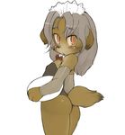 bow bow_tie breasts butt c1a0 canine clothed clothing female flat_chest grey_hair hair long_hair looking_back looking_over_shoulder mammal orange_eyes plain_background plate skimpy small_breasts solo standing tail waiter white_background 