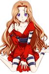  barefoot brown_hair code_geass long_hair nunnally_lamperouge off_shoulder purple_eyes simple_background sitting solo thigh_strap tobeko_(tobetobe) very_long_hair wariza 