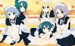  5boys afuro_terumi blonde_hair blue_hair brown_eyes crossdress crossdressing eyebrow eyebrows fubuki_shirou green_eyes green_hair hair_ornament hair_over_one_eye hairclip inazuma_eleven inazuma_eleven_(series) k-on! kazemaru_ichirouta long_hair lying maid maid_headdress male male_focus mary_janes mistorene_callus multiple_boys parody peace pixiv_thumbnail purple_eyes red_eyes resized shoes short_hair sitting smile style_parody suzuno_fuusuke trap v white_hair 