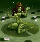  1girl barefoot breasts brown_eyes brown_hair curly_hair floating flower frog frog_prince genderswap green_skin jewelry kneeling lily_pad long_hair navel nipples nude olayavalle open_eyes open_mouth pond rule_63 solo striped stripes the_frog_prince tiara transformation water 