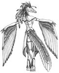  2008 archaeopteryx corset digitigrade dinosaur feathers female hair leggings long_hair looking_at_viewer looking_back ponytail predaguy scalie solo standing wings 