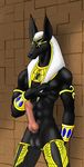  abs anthro anubian_jackal anubis balls black black_fur canine deity egyptian emeraldcistern erection fur jackal jewelry male mammal muscles nude penis pose solo 