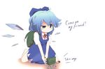  ahoge bad_id bad_pixiv_id barefoot blue_eyes blue_hair cirno claymore_(mine) english explosive hakomugi highres kneeling mine_(weapon) solo squinting touhou uneven_eyes wings 