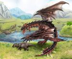  aptonoth capcom dragon grass highres horn lake mh monster monster_hunter mountain mountains rathalos spike tail tree trees wings wyvern 