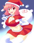  blush breasts chamayy cleavage elbow_gloves gloves hat large_breasts midriff navel pink_hair saigyouji_yuyuko santa_costume santa_hat smile solo touhou 