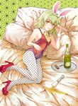  alcohol animal_ears ascot bed bottle bunny_ears bunny_tail bunnysuit champagne corkscrew fishnet_pantyhose fishnets goblet green_hair high_heels highres kazami_yuuka kenshin lying on_side pantyhose plaid plaid_vest red_eyes shoes short_hair solo spill tail touhou unmoving_pattern vest wine 