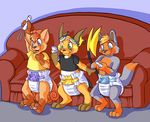  blue_eyes canine diaper fox goggles green_eyes grin infantilism kalida kitsune male multiple_tails paws pok&eacute;mon purple_eyes raichu tail vulpix wii 